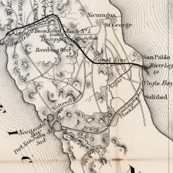 Detalhe de um mapa de 1866 mostrando a saída do pacífico de uma rota para um Canal através da Nicarágua. Fonte: Coleção de Mapas de David Rumsey.